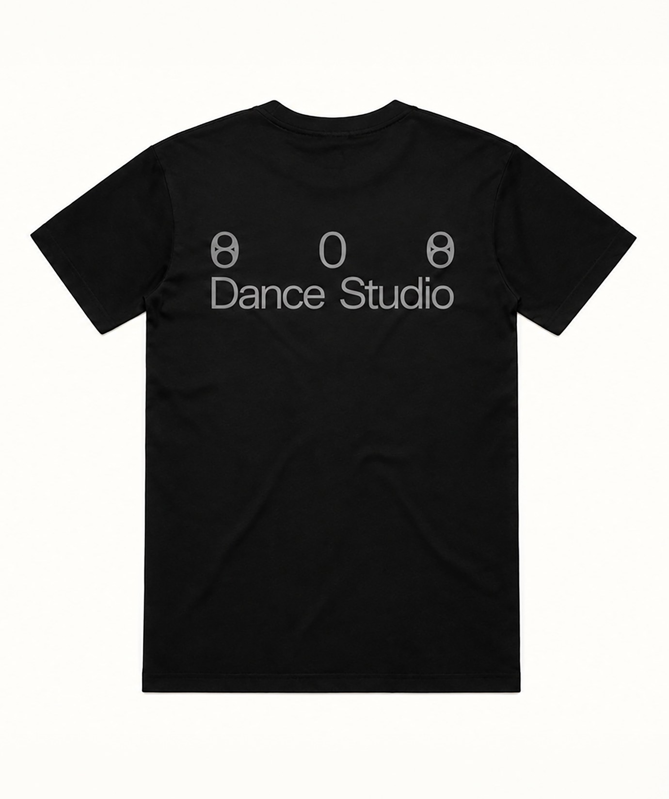 Black 808 Dance Studio uniform T-shirt, back with the 808 Dance Studio wordmark
