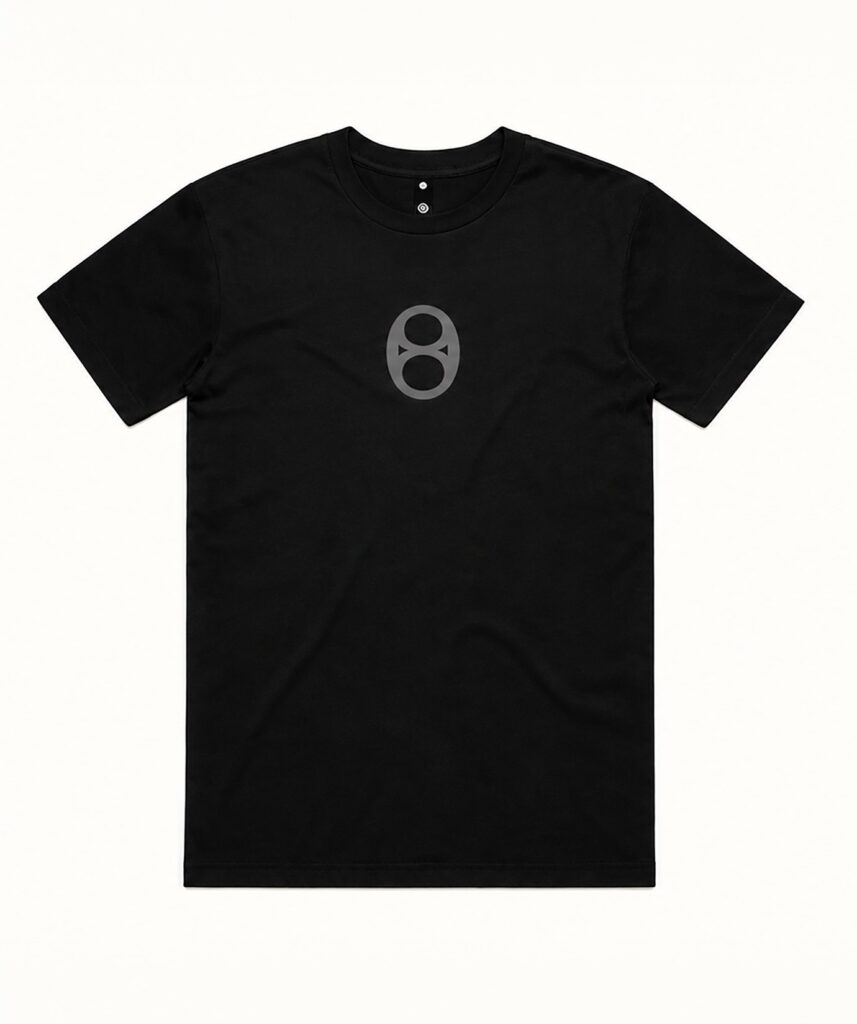 Black 808 Dance Studio uniform T-shirt, front with the 808 mark